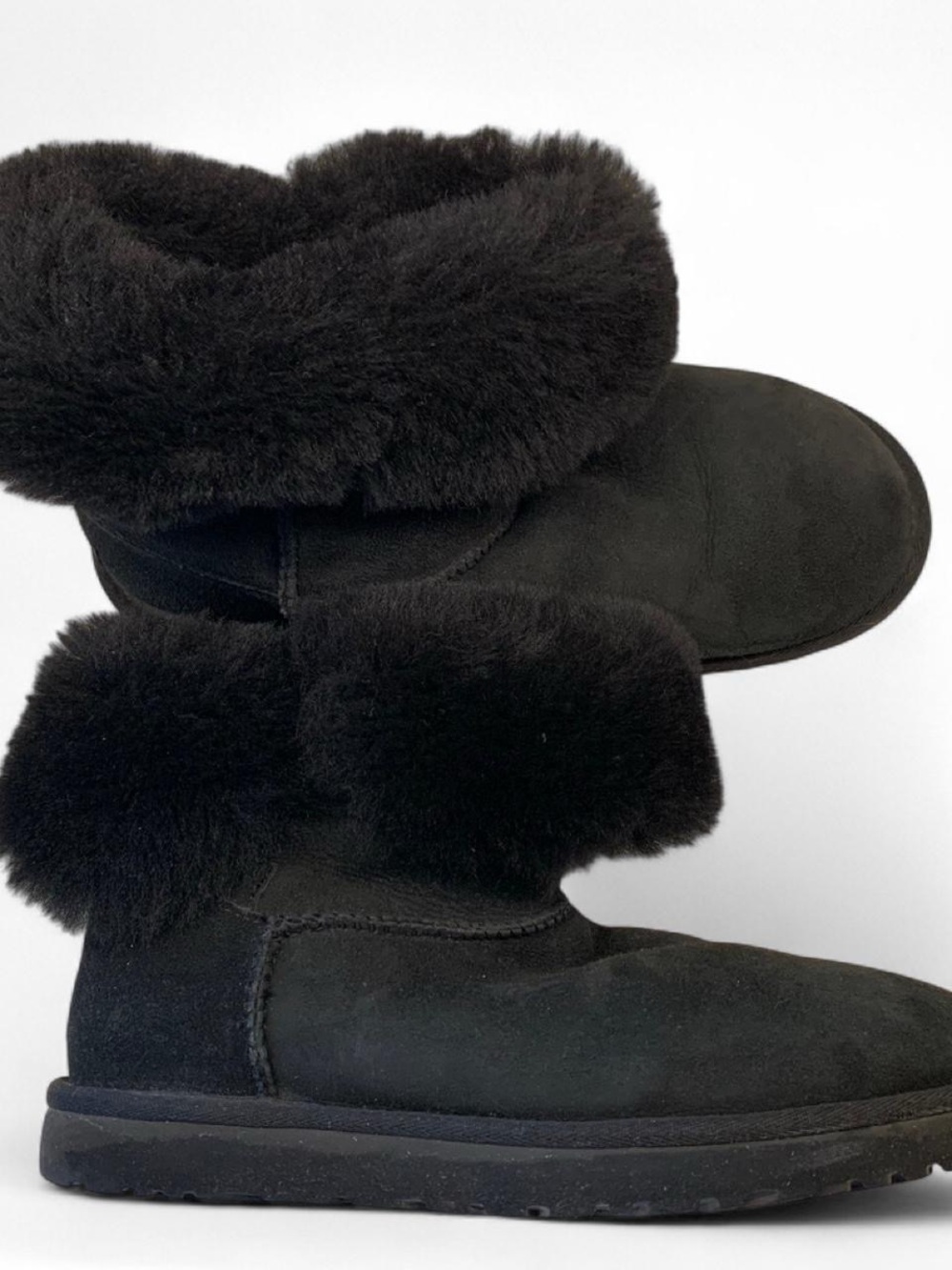 UGG Bailey Button Black Suede Shearling Lined Fur Trim Pull-On Ankle Boot 9